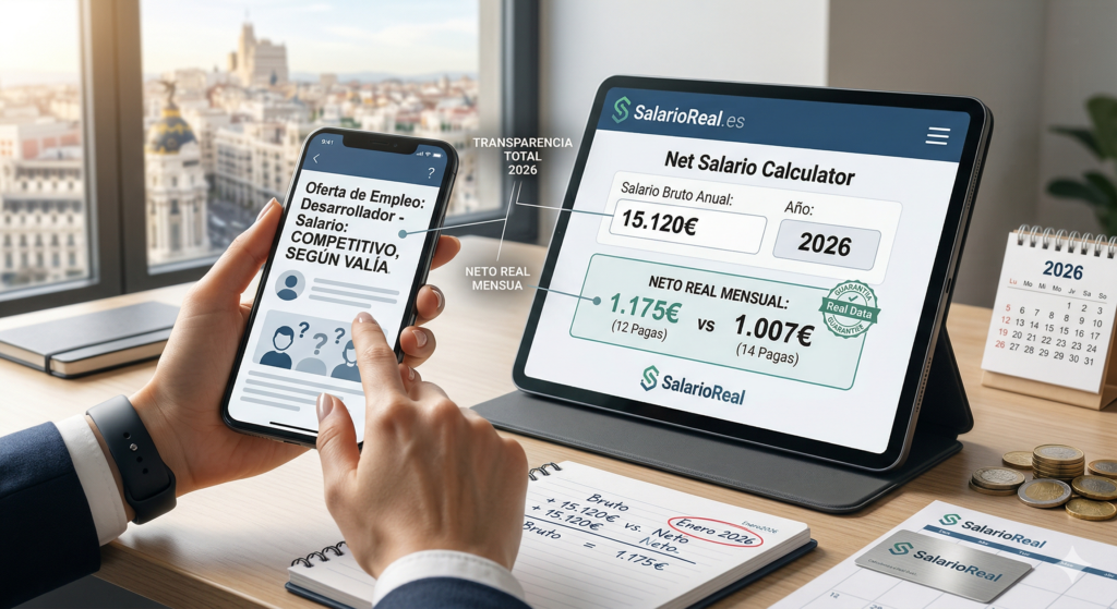 calculadora de salario neto y ejemplos de sueldos en España 2026 en móvil y tablet".